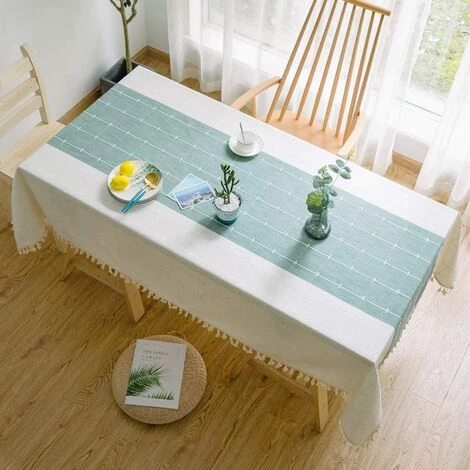 MEZHENG Nappe De Table Rectangulaire En Coton Et Lin Solide Broderie À Carreaux Gland Coton Couverture De Table En Linge Pour Cuisine Salle À Manger Décoration De Table (140x140 Cm, Green/White) 4 MEZHENG Nappe De Table Rectangulaire En Coton Et Lin Solide Broderie À Carreaux Gland Coton Couverture De Table En Linge Pour Cuisine Salle À Manger Décoration De Table (140x140 Cm, Green/White) – Image 2