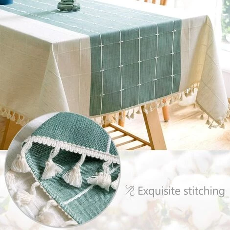 MEZHENG Nappe De Table Rectangulaire En Coton Et Lin Solide Broderie À Carreaux Gland Coton Couverture De Table En Linge Pour Cuisine Salle À Manger Décoration De Table (140x140 Cm, Green/White) 6 MEZHENG Nappe De Table Rectangulaire En Coton Et Lin Solide Broderie À Carreaux Gland Coton Couverture De Table En Linge Pour Cuisine Salle À Manger Décoration De Table (140x140 Cm, Green/White) – Image 4