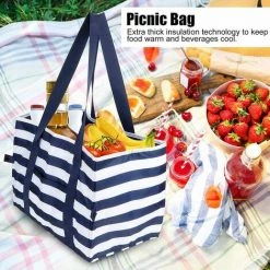 SINCèREETALI Sacs De Pique-Nique,Panier De Pique-Nique Grand Sac Thermique De Pique-Nique Polyvalent Sac Isolé De Pique-Nique à Rayures Bleues Pour Un Voyage En Voiture Voyage De Week-End Camping -Plaid et couverture Soldes 63821219 4