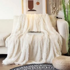 MINKUROW Snuggle Blanket Couverture Polaire PV Couverture Moelleuse Pour Cheveux Couverture Chaude En Fausse Fourrure Super Douce 160 X 200 Cm Couverture En Laine Pouvant être Une Couverture De Canapé, Blanc