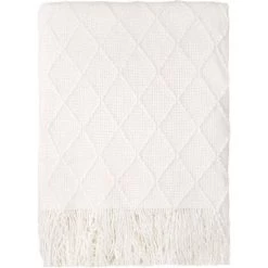 AOUGO Couvertures Tricotées Pour Canapé, Canapé Et Lit, Couverture Légère En Tricot Doux Avec Pompon, Couvertures Décoratives Confortables Pour Femme Et Homme (127 X 152,4 Cm, Blanc Crème-D) -Plaid et couverture Soldes 64902660 2