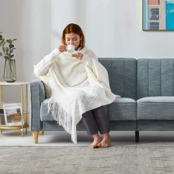 AOUGO Couvertures Tricotées Pour Canapé, Canapé Et Lit, Couverture Légère En Tricot Doux Avec Pompon, Couvertures Décoratives Confortables Pour Femme Et Homme (127 X 152,4 Cm, Blanc Crème-D) -Plaid et couverture Soldes 64902660 3