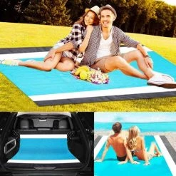 OSQI Tapis De Plage Couverture De Pique-Nique Extérieur, Grande 210 X 200cm Couverture De Plage De Pique-Nique Imperméable Avec 4 Clous Fixes Portable Poche Zippée Lavable Tapis De Plage Pour Plage Parc Camping Voyage Randonnée -Plaid et couverture Soldes 65503411 5