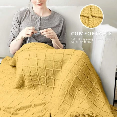 OSQI Couvertures Tricotées à Carreaux,Jeté De Lit Couverture à Franges Décoration Couverture à Tricoter 150 X 200 Cm (jaune) 7 OSQI Couvertures Tricotées à Carreaux,Jeté De Lit Couverture à Franges Décoration Couverture à Tricoter 150 X 200 Cm (jaune) – Image 5