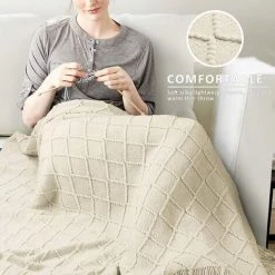 OSQI Couvertures Tricotées à Carreaux，Jeté De Lit Couverture à Franges Décoration Couverture à Tricoter 150x200cm (Beige) -Plaid et couverture Soldes 65505542 5