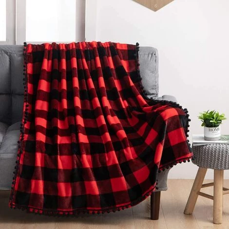 OSQI Couverture Polaire Avec Franges à Pompons, Plaid En Flanelle à Carreaux Buffalo Rouge Et Noir Pour Canapé-lit Adapté à Toutes Les Saisons (130x150cm) 4 OSQI Couverture Polaire Avec Franges à Pompons, Plaid En Flanelle à Carreaux Buffalo Rouge Et Noir Pour Canapé-lit Adapté à Toutes Les Saisons (130x150cm) – Image 2