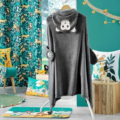 DOUCEUR D'INTÉRIEUR Plaid Capuche 100x120 Cm Flanelle Brodée Singe - Gris 6 DOUCEUR D'INTÉRIEUR Plaid Capuche 100x120 Cm Flanelle Brodée Singe - Gris – Image 4