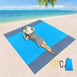 OCXIN Couverture De Plage Sans Sable, Grand Tapis De Plage Anti-sable Pour 4-6 Adultes, Couverture De Pique-nique Imperméable, Couverture D'extérieur Pour Voyage, Camping, Randonnée (210 X 200 Cm, Bleu)