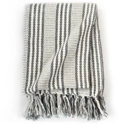 LES TENDANCES Couverture Coton à Rayures 220 X 250 Cm Gris Et Blanc -Plaid et couverture Soldes 66905094 5