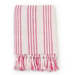 LES TENDANCES Couverture Coton à Rayures 220 X 250 Cm Rose Et Blanc -Plaid et couverture Soldes 66905649 3